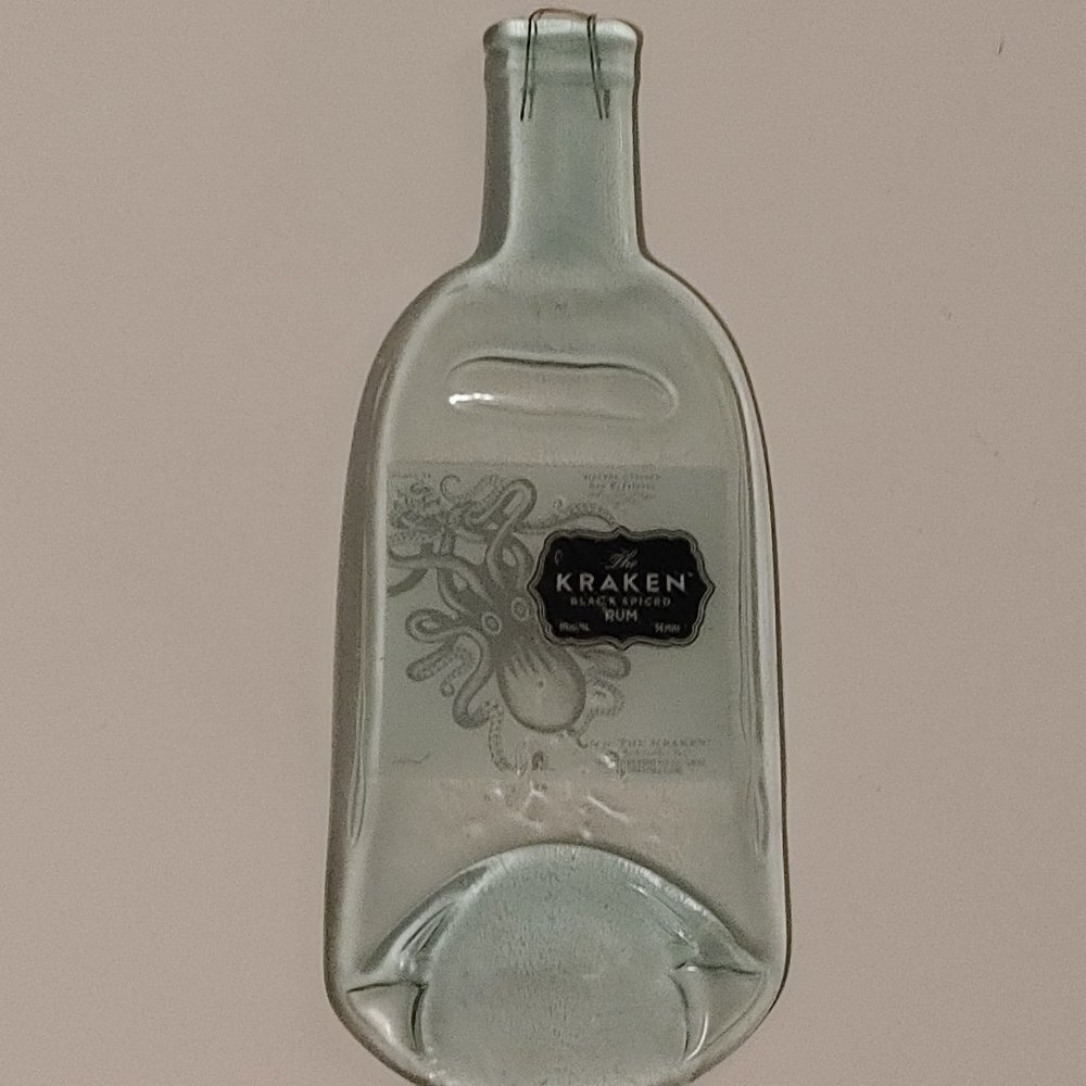 Kraken Black Spiced Rum Clear Glass Bottle Flattened Wall Hanging Trivet Spoon